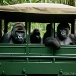 가봉 여행 시 주의할 점 - **Prompt:** "A small group of adventurous tourists, dressed in light safari attire, are seated insid...