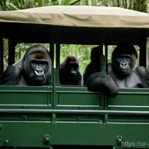 Home 6 가봉 여행 시 주의할 점 - **Prompt:** "A small group of adventurous tourists, dressed in light safari attire, are seated insid...