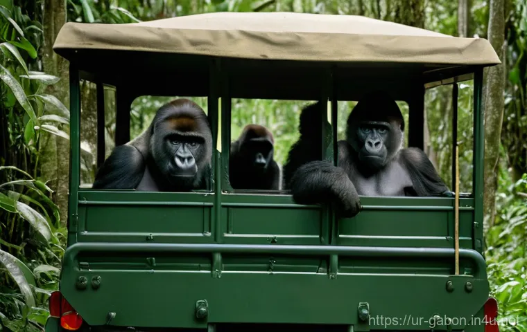 가봉 여행 시 주의할 점 - **Prompt:** "A small group of adventurous tourists, dressed in light safari attire, are seated insid...