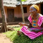 가봉의 주요 부족 및 언어 분포 - **Prompt:** A heartwarming scene in a vibrant Gabonese village. An elderly woman with a kind, expres...