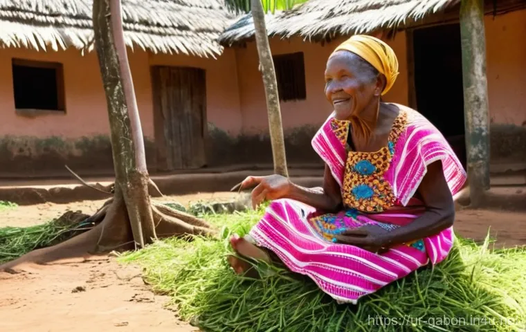 가봉의 주요 부족 및 언어 분포 - **Prompt:** A heartwarming scene in a vibrant Gabonese village. An elderly woman with a kind, expres...