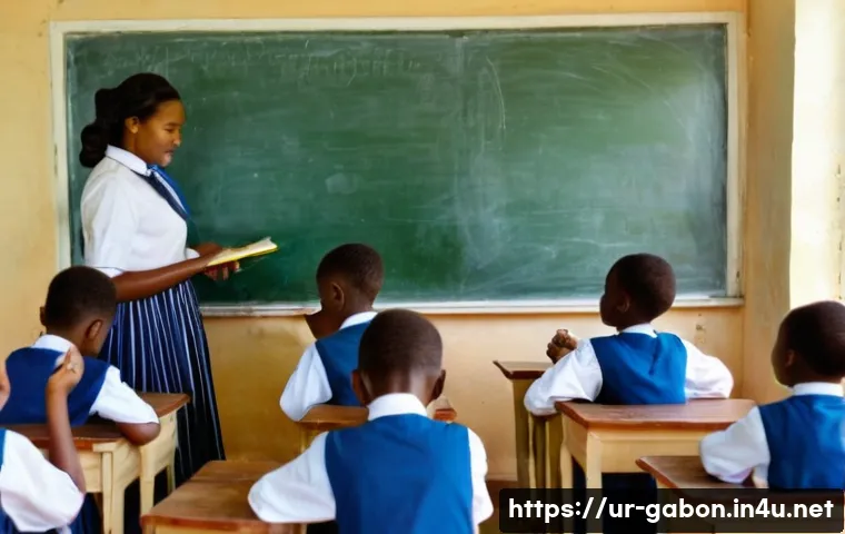 가봉 교육 제도 및 학교 시스템 - **Prompt:** A vibrant, sunlit classroom in Gabon, where a group of cheerful Gabonese primary school ...