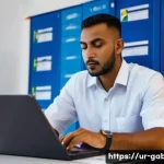 Home 20 가봉 입국 비자 발급 절차 - A professional scene inside a Gabon embassy visa office, showing a well-dressed South Asian man atte...