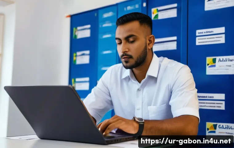 가봉 입국 비자 발급 절차 - A professional scene inside a Gabon embassy visa office, showing a well-dressed South Asian man atte...