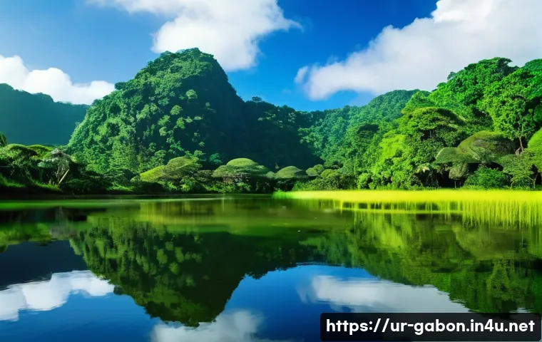 가봉 루앙구 국립공원 탐방 - A breathtaking panoramic view of Loango National Park’s lush green valleys in Gabon, featuring dense...