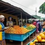 Home 18 가봉 치안 및 안전 정보 - A detailed street scene in Gabon showing a respectful traveler interacting with local people in a vi...