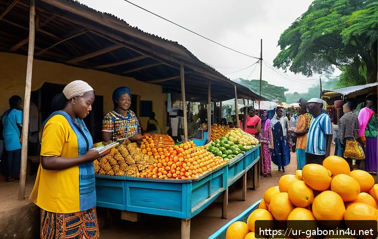 가봉 치안 및 안전 정보 - A detailed street scene in Gabon showing a respectful traveler interacting with local people in a vi...