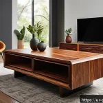 Home 23 가봉 목재 수출 시장 - A detailed, high-resolution image of Gabon wood furniture in a modern living room setting, showcasin...