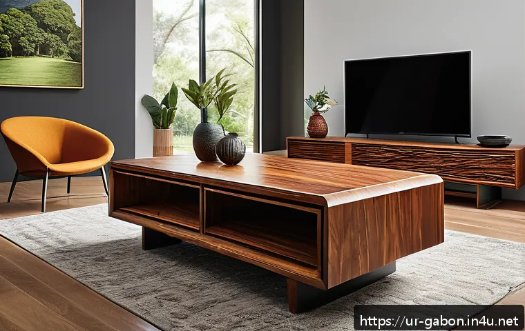가봉 목재 수출 시장 - A detailed, high-resolution image of Gabon wood furniture in a modern living room setting, showcasin...